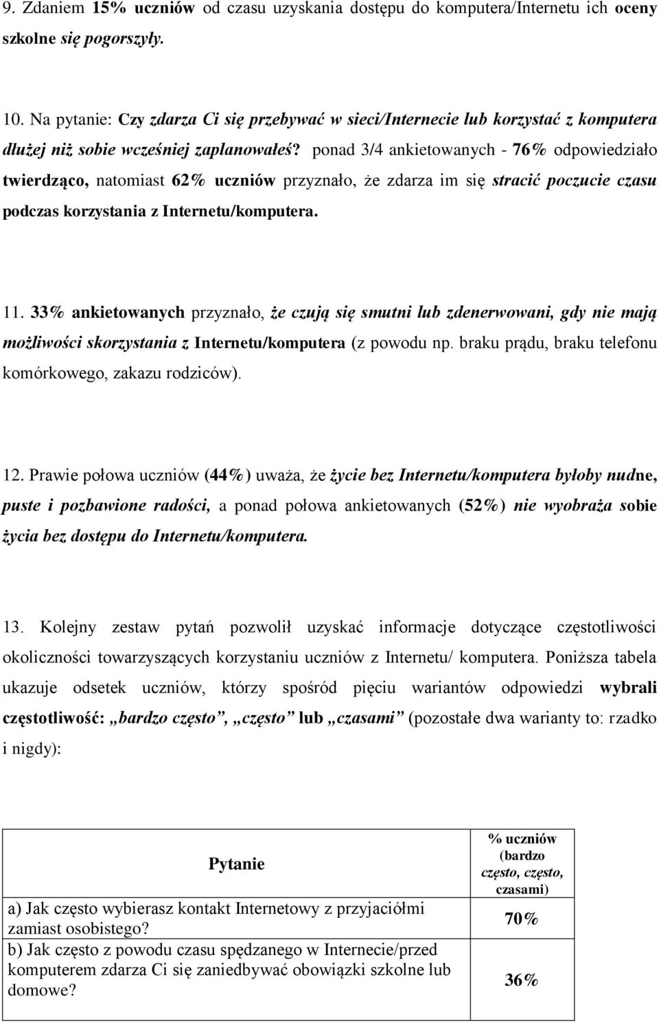 ponad 3/4 ankietowanych - 76% odpowiedziało twierdząco, natomiast 62% uczniów przyznało, że zdarza im się stracić poczucie czasu podczas korzystania z Internetu/komputera. 11.