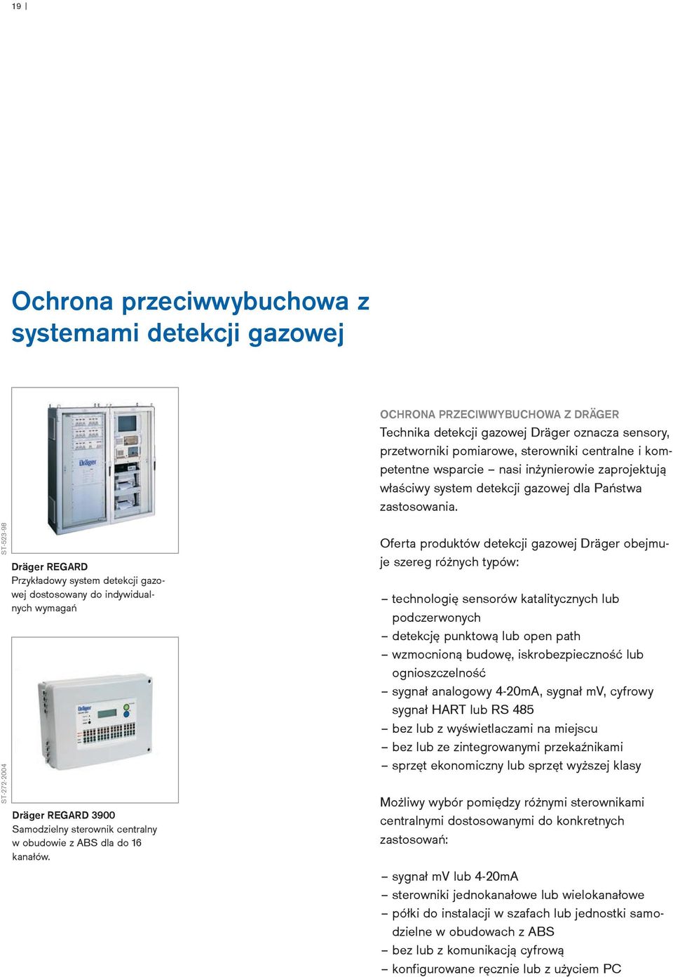 ST-523-98 ST-272-2004 Dräger REGARD Przykładowy system detekcji gazowej dostosowany do indywidualnych wymagań Dräger REGARD 3900 Samodzielny sterownik centralny w obudowie z ABS dla do 16 kanałów.