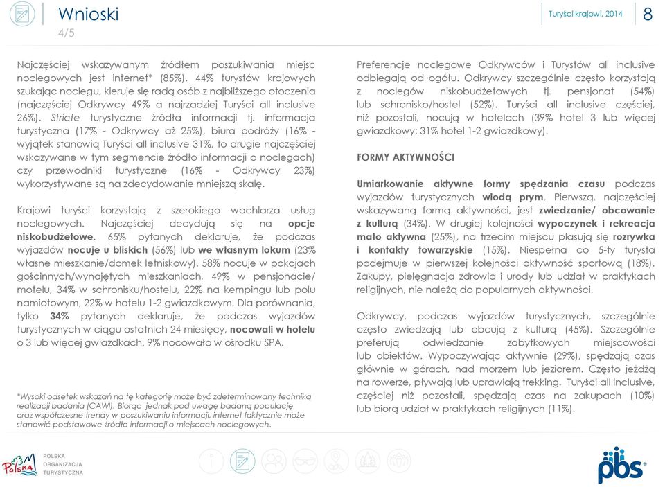 informacja turystyczna (1 - Odkrywcy aż 2), biura podróży (16% - wyjątek stanowią Turyści all inclusive 3, to drugie najczęściej wskazywane w tym segmencie źródło informacji o noclegach) czy