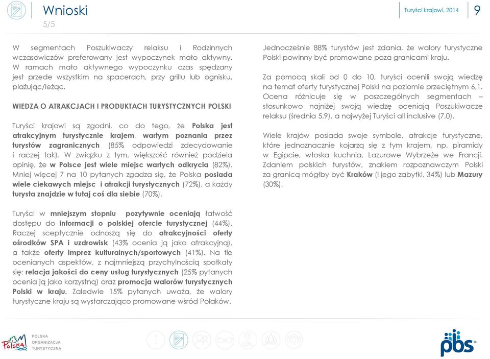 WIEDZA O ATRAKCJACH I PRODUKTACH TURYSTYCZNYCH POLSKI Turyści krajowi są zgodni, co do tego, że Polska jest atrakcyjnym turystycznie krajem, wartym poznania przez turystów zagranicznych (8 odpowiedzi