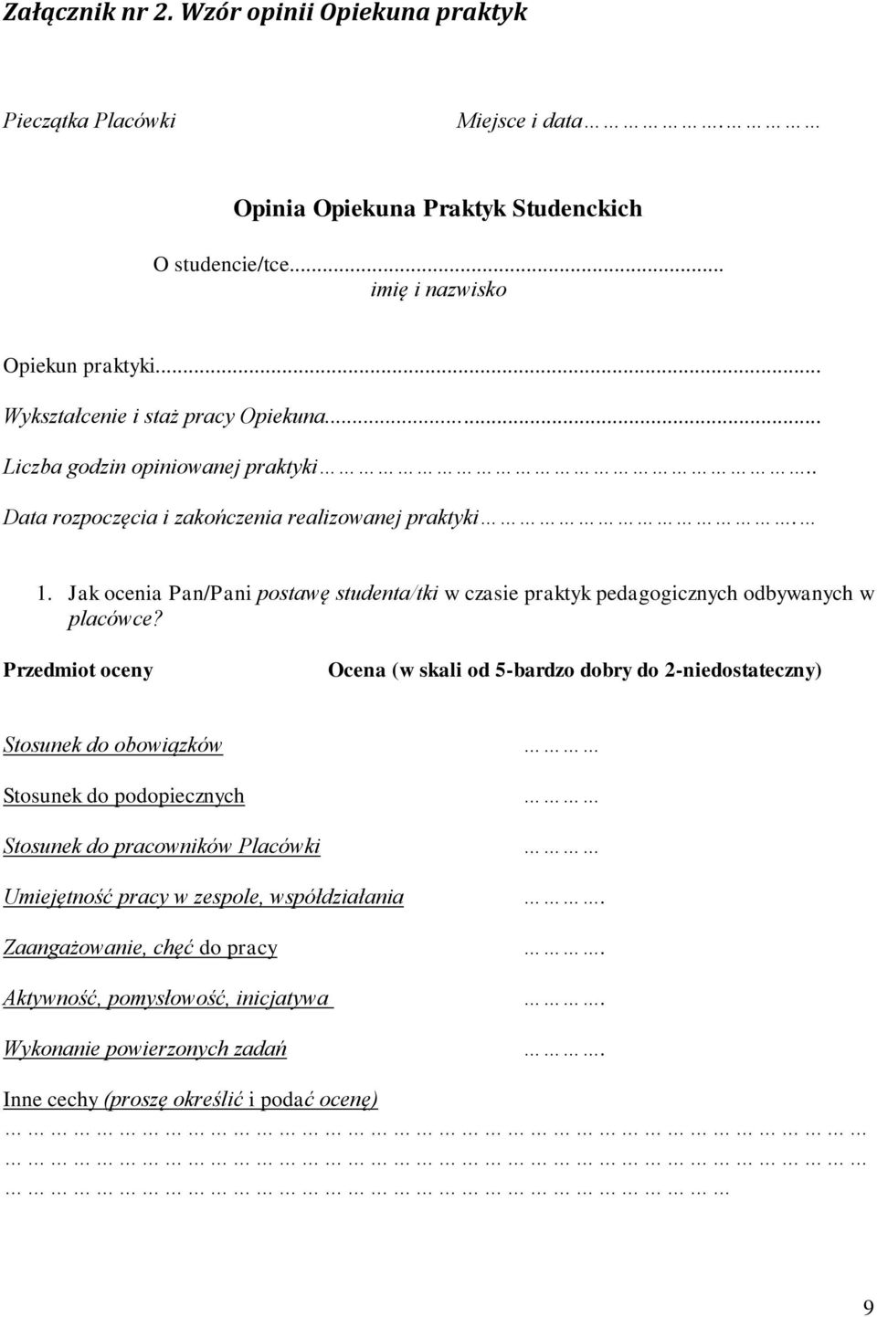 Jak ocenia Pan/Pani postawę studenta/tki w czasie praktyk pedagogicznych odbywanych w placówce?