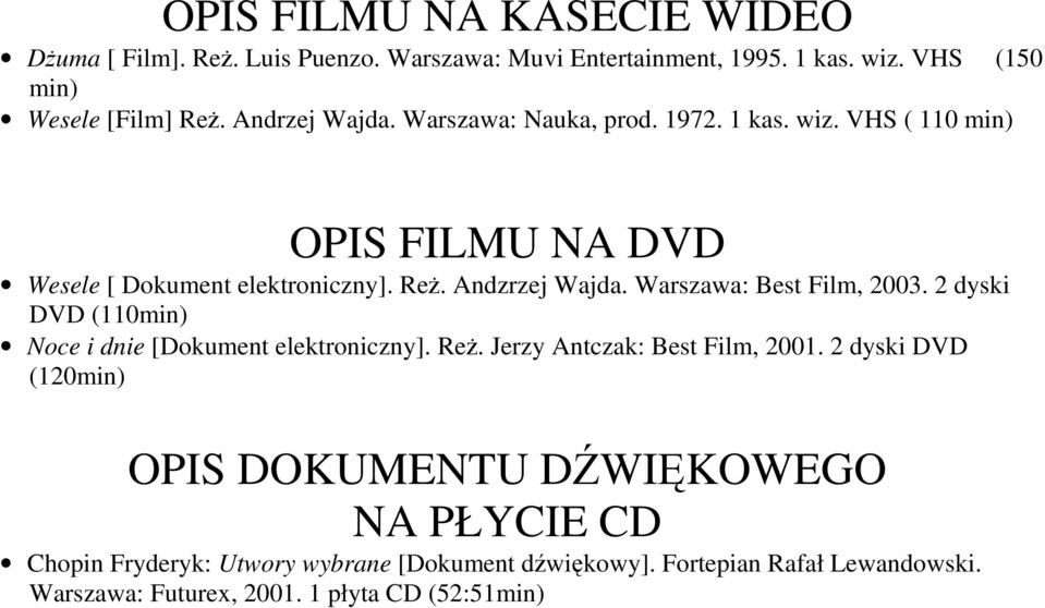 Warszawa: Best Film, 2003. 2 dyski DVD (110min) Noce i dnie [Dokument elektroniczny]. Reż. Jerzy Antczak: Best Film, 2001.