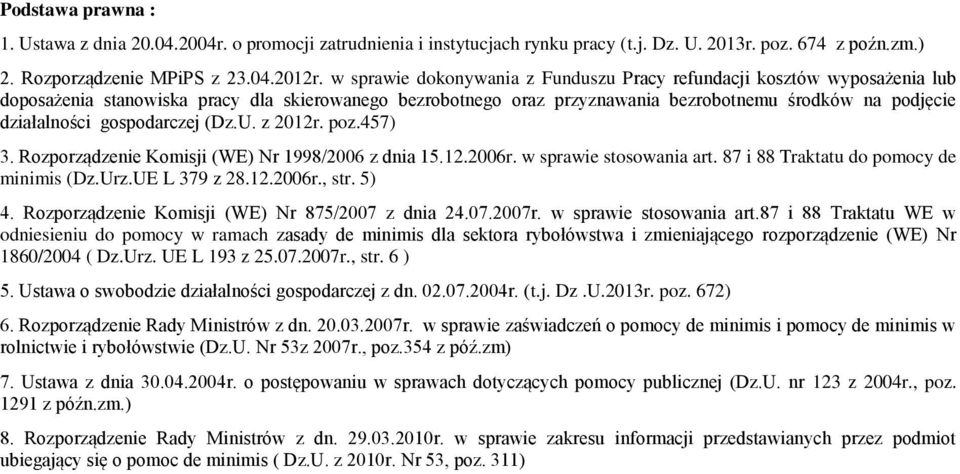 gospodarczej (Dz.U. z 2012r. poz.457) 3. Rozporządzenie Komisji (WE) Nr 1998/2006 z dnia 15.12.2006r. w sprawie stosowania art. 87 i 88 Traktatu do pomocy de minimis (Dz.Urz.UE L 379 z 28.12.2006r., str.