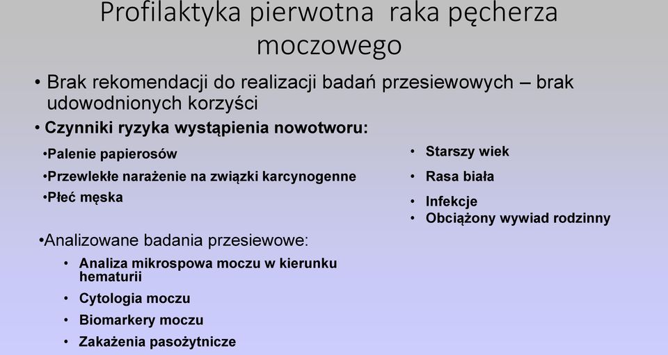 związki karcynogenne Płeć męska Analizowane badania przesiewowe: Analiza mikrospowa moczu w kierunku