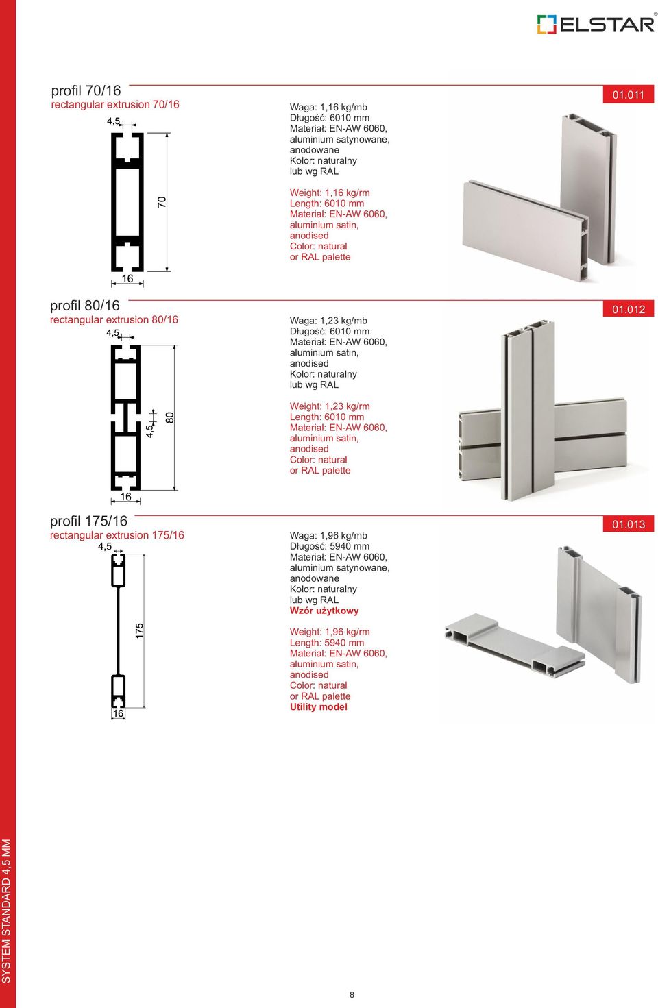 011 profil 80/16 rectangular extrusion 80/16 Waga: 1,23 kg/mb Długość: 6010 mm Materiał: EN-AW 6060, aluminium satin, anodised Kolor: naturalny lub wg RAL Weight: 1,23 kg/rm Length: 6010 mm 012