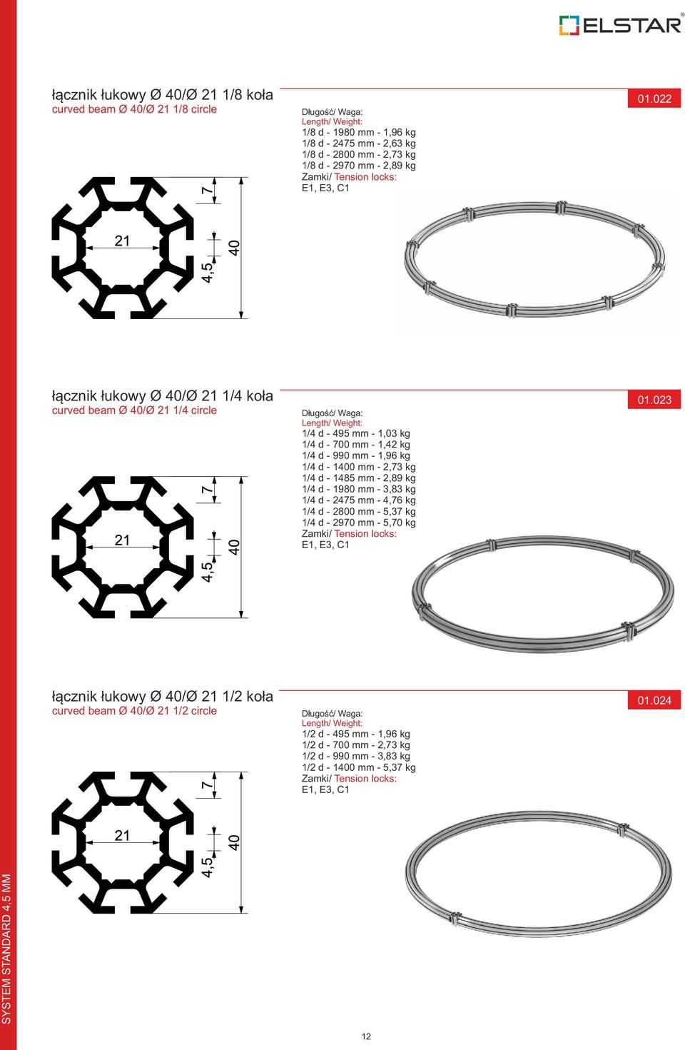 022 łącznik łukowy Ø 40/Ø 21 1/4 koła curved beam Ø 40/Ø 21 1/4 circle Długość/ Waga: Length/ Weight: 1/4 d - 495 mm - 1,03 kg 1/4 d - 700 mm - 1,42 kg 1/4 d - 990 mm - 1,96 kg 1/4 d - 1400 mm - 2,73