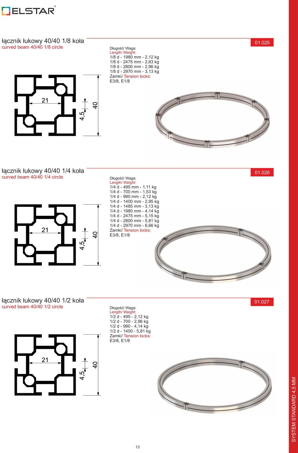 025 łącznik łukowy 40/40 1/4 koła curved beam 40/40 1/4 circle Długość/ Waga: Length/ Weight: 1/4 d - 495 mm - 1,11 kg 1/4 d - 700 mm - 1,53 kg 1/4 d - 990 mm - 2,12 kg 1/4 d - 1400 mm - 2,95 kg 1/4