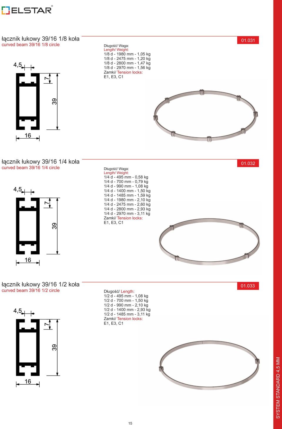 031 łącznik łukowy 39/16 1/4 koła curved beam 39/16 1/4 circle Długość/ Waga: Length/ Weight: 1/4 d - 495 mm - 0,58 kg 1/4 d - 700 mm - 0,79 kg 1/4 d - 990 mm - 1,08 kg 1/4 d - 1400 mm - 1,50 kg 1/4