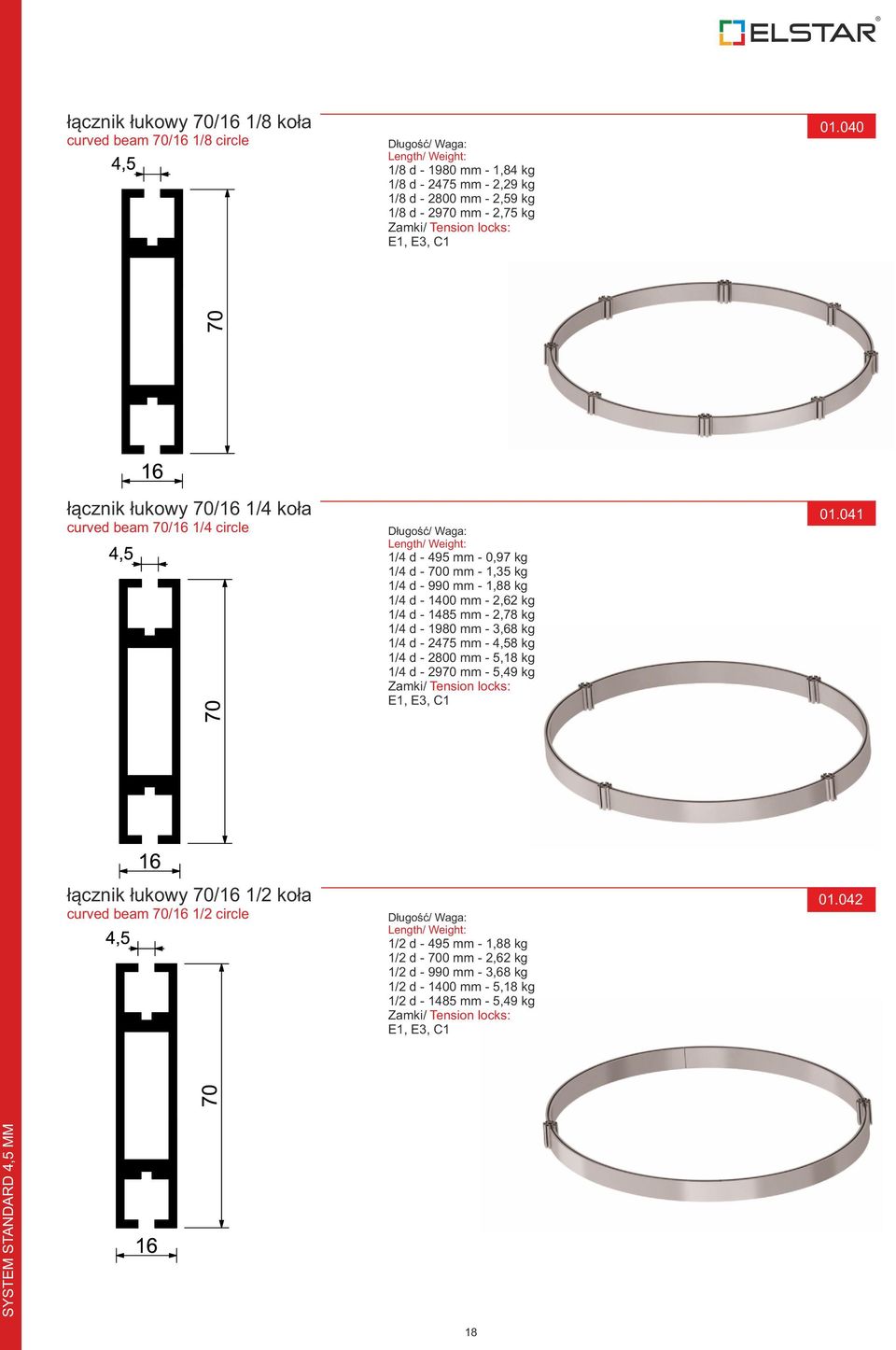 040 łącznik łukowy 70/16 1/4 koła curved beam 70/16 1/4 circle Długość/ Waga: Length/ Weight: 1/4 d - 495 mm - 0,97 kg 1/4 d - 700 mm - 1,35 kg 1/4 d - 990 mm - 1,88 kg 1/4 d - 1400 mm - 2,62 kg 1/4