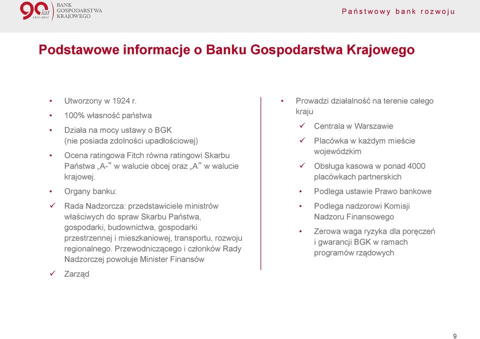 Organy banku: Rada Nadzorcza: przedstawiciele ministrów właściwych do spraw Skarbu Państwa, gospodarki, budownictwa, gospodarki przestrzennej i mieszkaniowej, transportu, rozwoju regionalnego.