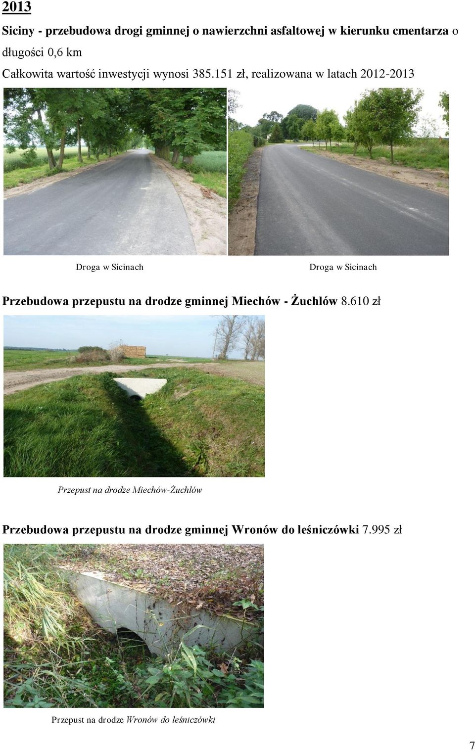 151 zł, realizowana w latach 2012-2013 Droga w Sicinach Droga w Sicinach Przebudowa przepustu na drodze