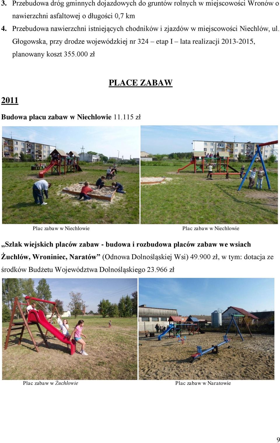 Głogowska, przy drodze wojewódzkiej nr 324 etap I lata realizacji 2013-2015, planowany koszt 355.000 zł 2011 PLACE ZABAW Budowa placu zabaw w Niechlowie 11.
