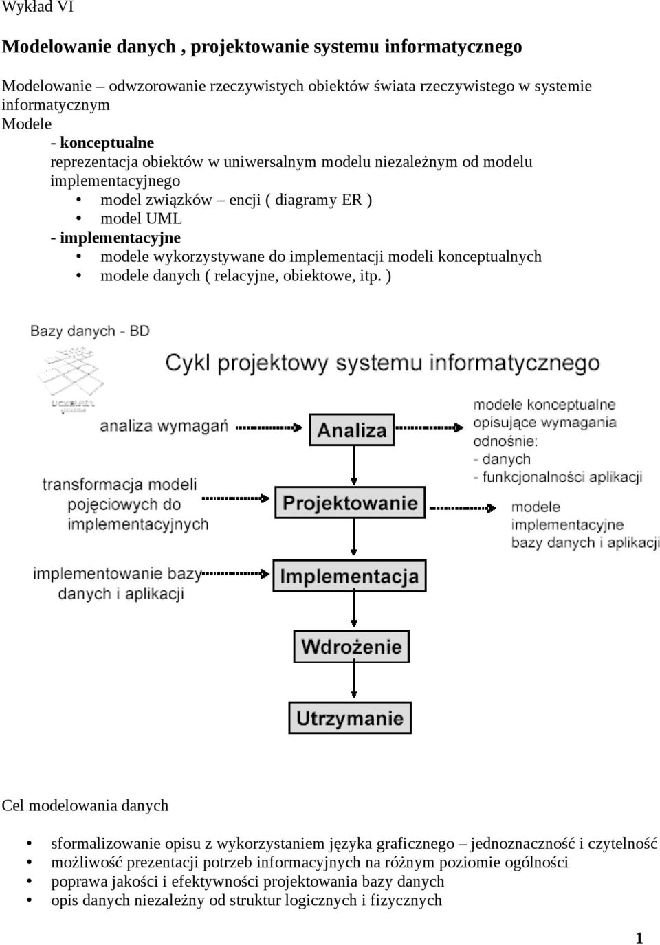 implementacji modeli konceptualnych modele danych ( relacyjne, obiektowe, itp.