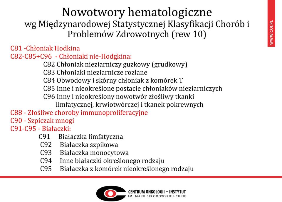 nieziarniczych C96 Inny i nieokreślony nowotwór złośliwy tkanki limfatycznej, krwiotwórczej i tkanek pokrewnych C88 - Złośliwe choroby immunoproliferacyjne C90 - Szpiczak