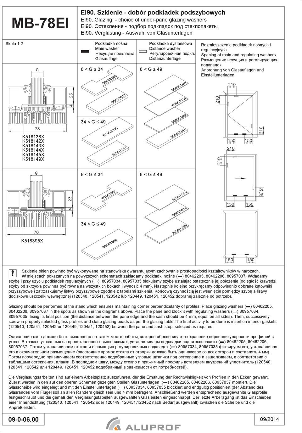 Distanzunterlage 8 < G 49 Rozmieszczenie podk adek no nych i regulacyjnych. Spacing of main and regulating washers.. Anordnung von Glasauflagen und instellunterlagen.