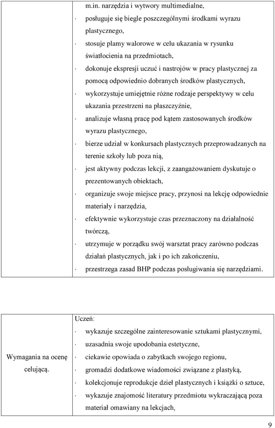 analizuje własną pracę pod kątem zastosowanych środków wyrazu plastycznego, bierze udział w konkursach plastycznych przeprowadzanych na terenie szkoły lub poza nią, jest aktywny podczas lekcji, z