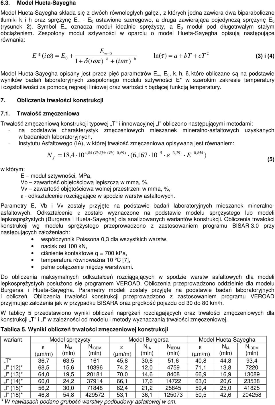 Zespolony moduł sztywności w oparciu o model Hueta-Sayegha opisują następujące równania: E *( iω ) = E E + 1+ δ ( iωτ ) k + ( iωτ ) h ln( ) = a + bt + ct 2 τ (3) i (4) Model Hueta-Sayegha opisany