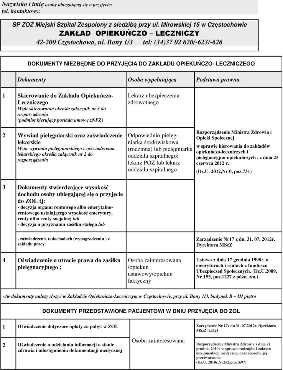 Bony 1/3 tel: (34)37 02 620/-623/-626 DOKUMENTY NIEZBĘDNE DO PRZYJĘCIA DO ZAKŁADU OPIEKUŃCZO- LECZNICZEGO Dokumenty Osoba wypełniająca Podstawa prawna 1 Skierowanie do Zakładu Opiekuńczo- Leczniczego