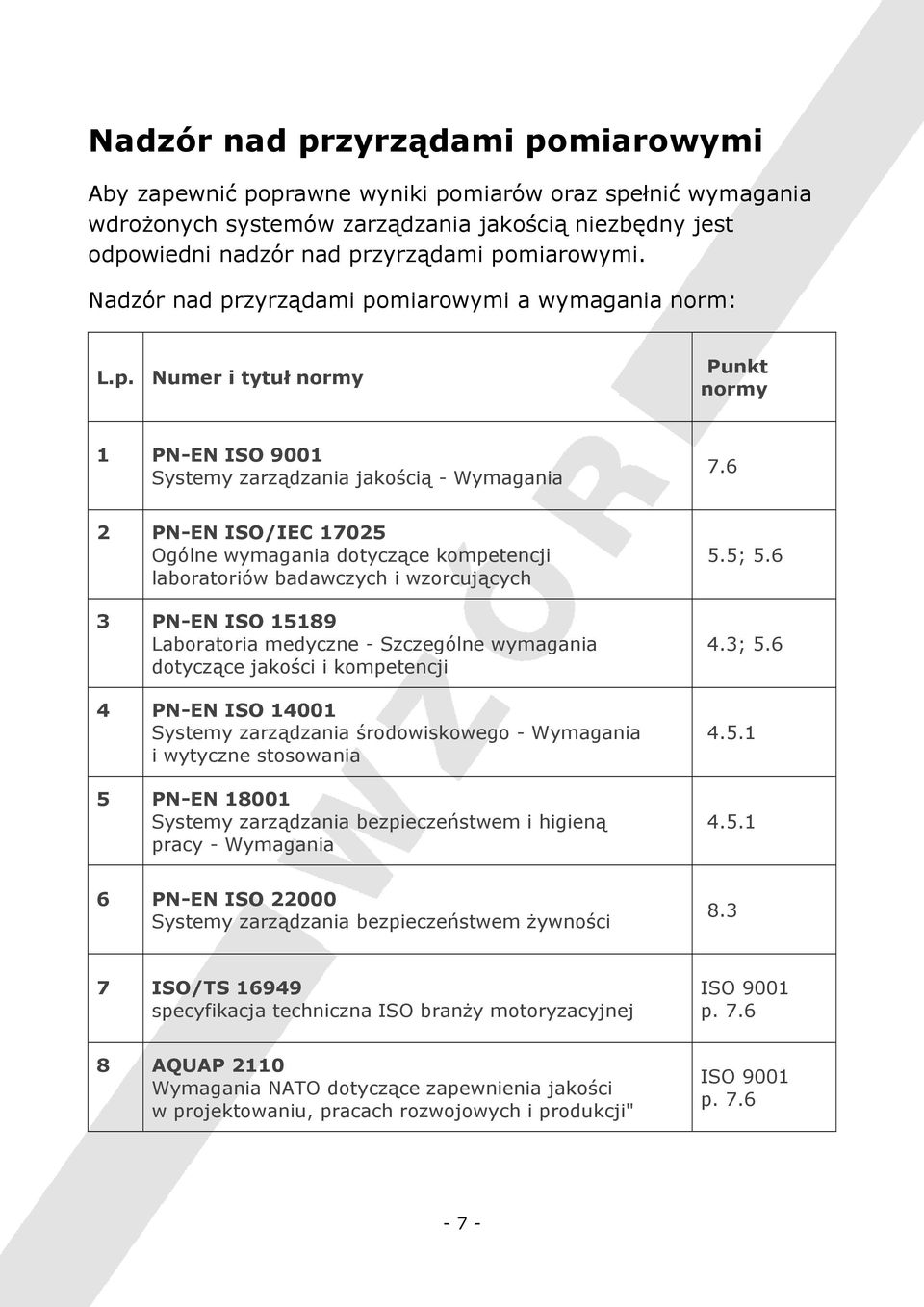 6 2 PN-EN ISO/IEC 17025 Ogólne wymagania dotyczące kompetencji laboratoriów badawczych i wzorcujących 3 PN-EN ISO 15189 Laboratoria medyczne - Szczególne wymagania dotyczące jakości i kompetencji 4