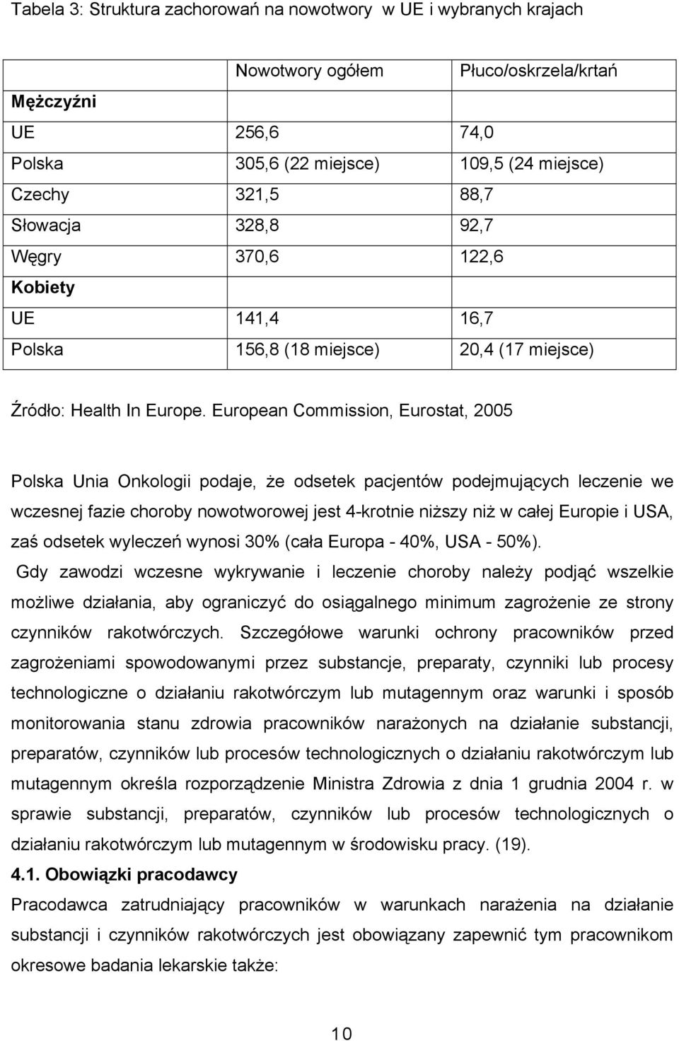 European Commission, Eurostat, 2005 Polska Unia Onkologii podaje, że odsetek pacjentów podejmujących leczenie we wczesnej fazie choroby nowotworowej jest 4-krotnie niższy niż w całej Europie i USA,