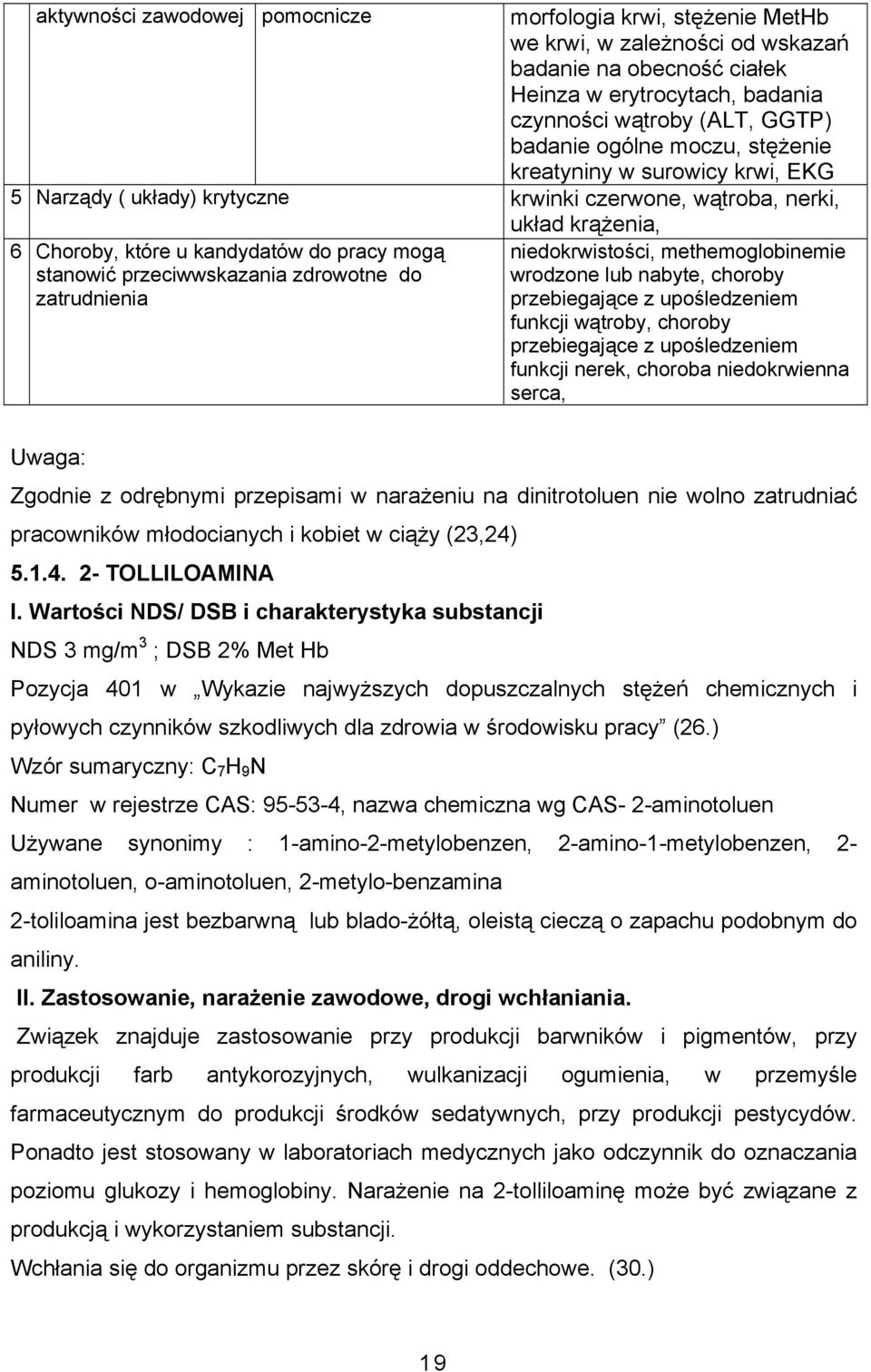zdrowotne do zatrudnienia niedokrwistości, methemoglobinemie wrodzone lub nabyte, choroby przebiegające z upośledzeniem funkcji wątroby, choroby przebiegające z upośledzeniem funkcji nerek, choroba
