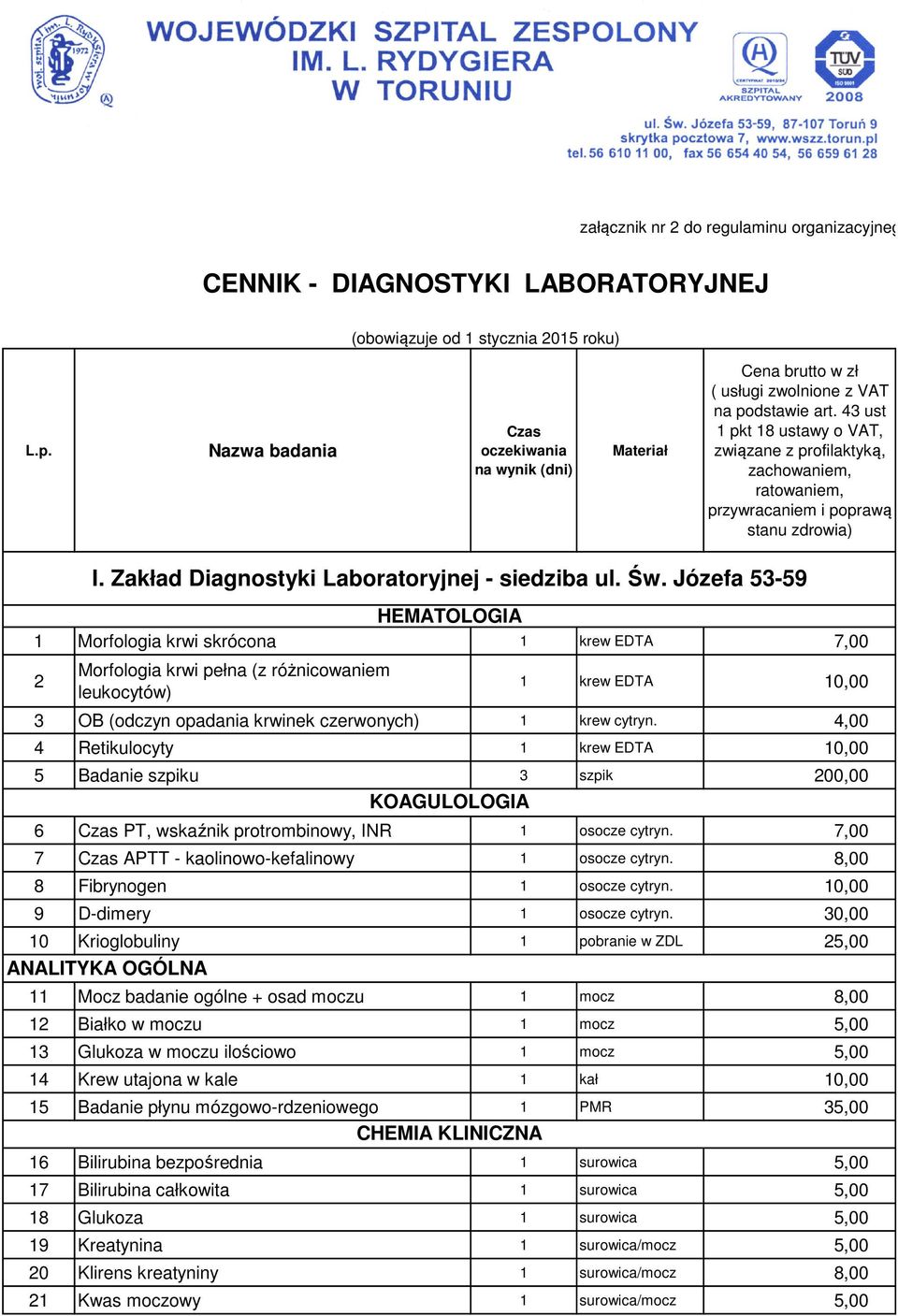 43 ust 1 pkt 18 ustawy o VAT, związane z profilaktyką, zachowaniem, ratowaniem, przywracaniem i poprawą stanu zdrowia) HEMATOLOGIA 1 Morfologia krwi skrócona 1 krew EDTA 7,00 2 I.