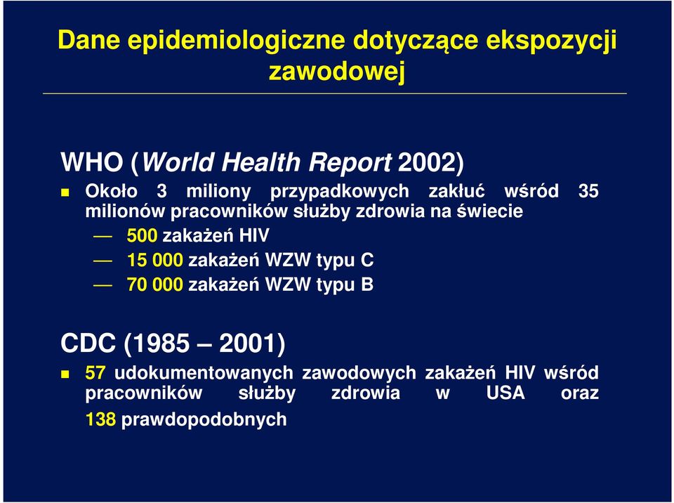 zakażeń HIV 15 000 zakażeń WZW typu C 70 000 zakażeń WZW typu B CDC (1985 2001) 57