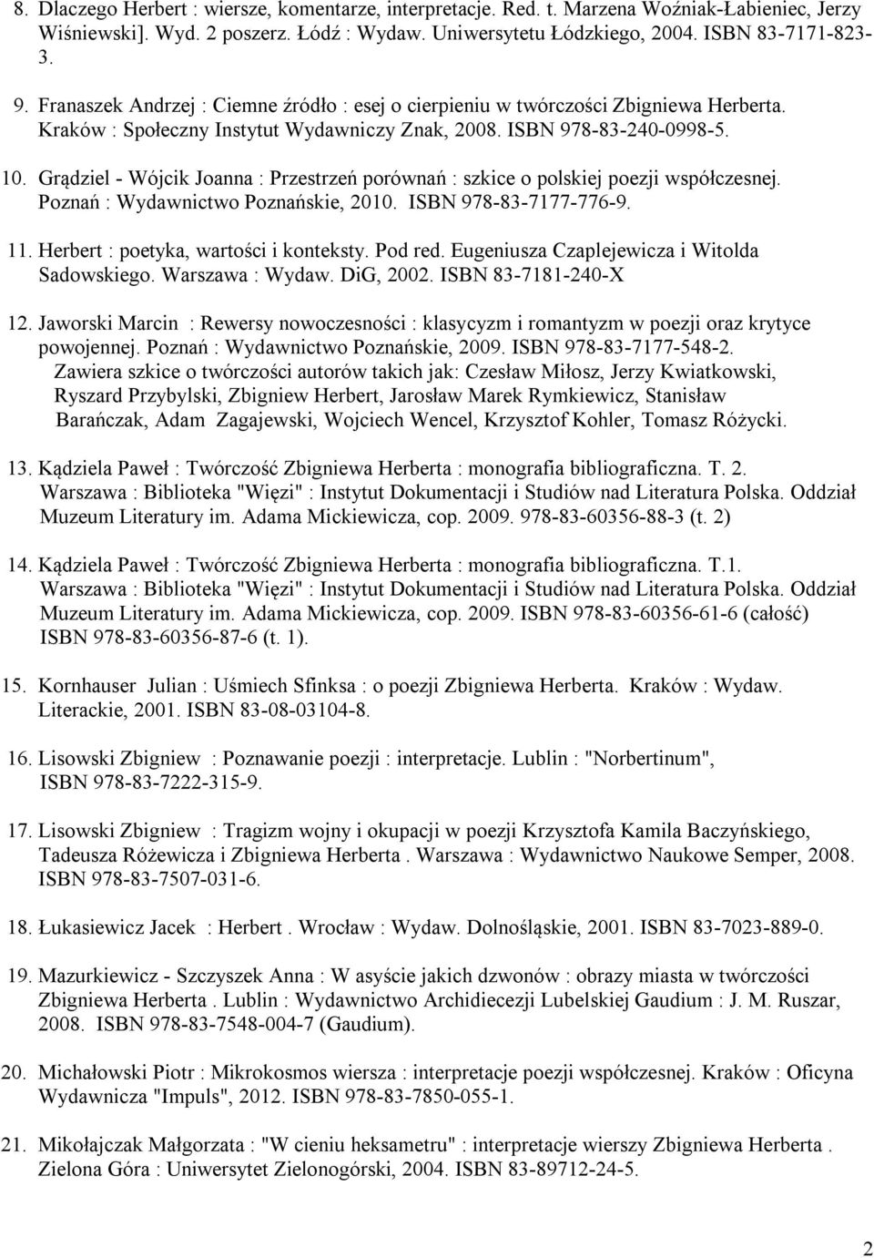 Grądziel - Wójcik Joanna : Przestrzeń porównań : szkice o polskiej poezji współczesnej. Poznań : Wydawnictwo Poznańskie, 2010. ISBN 978-83-7177-776-9. 11. Herbert : poetyka, wartości i konteksty.