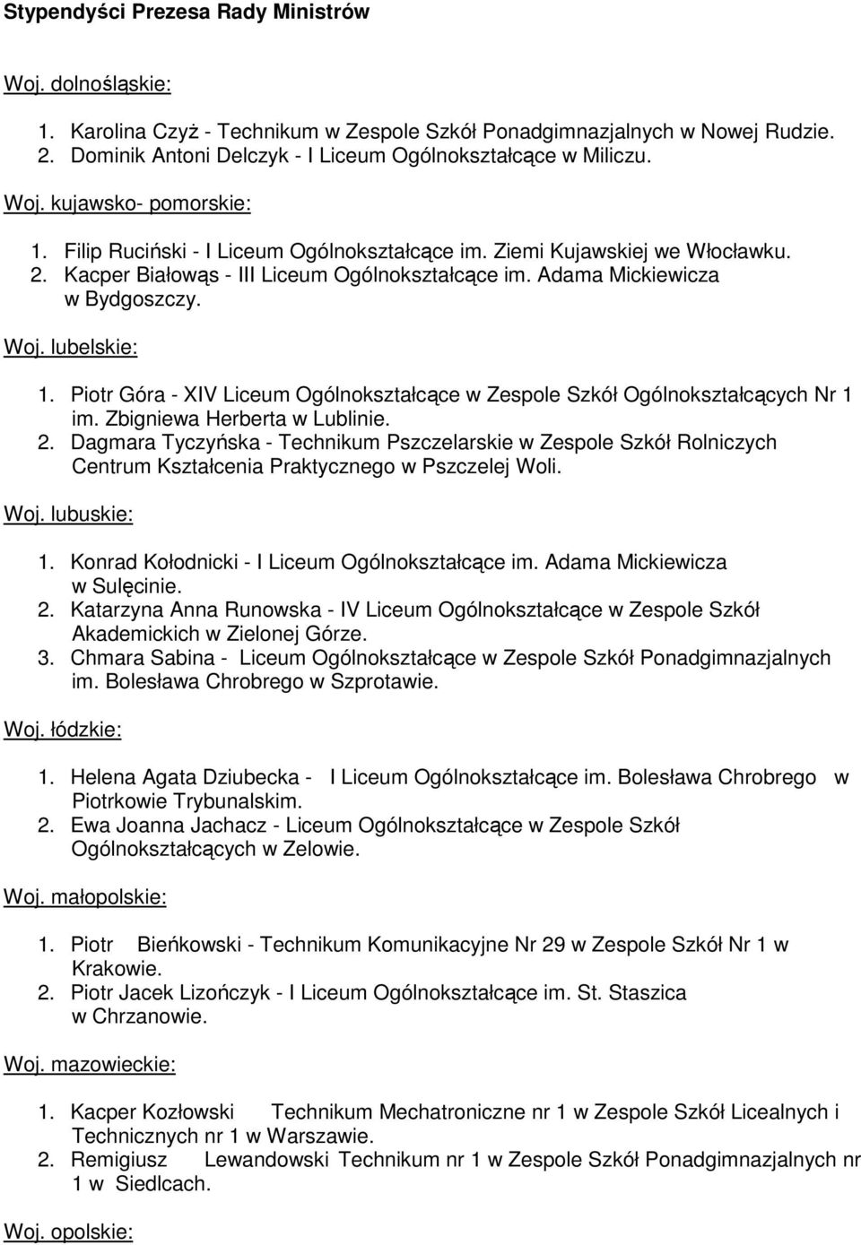 lubelskie: 1. Piotr Góra - XIV Liceum Ogólnokształcące w Zespole Szkół Ogólnokształcących Nr 1 im. Zbigniewa Herberta w Lublinie. 2.