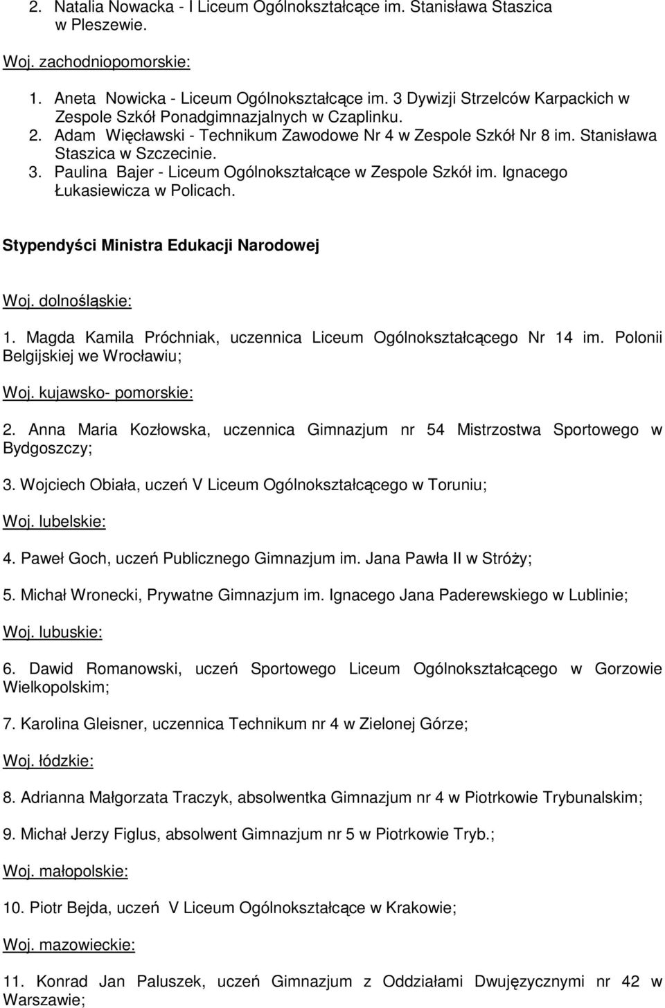 Paulina Bajer - Liceum Ogólnokształcące w Zespole Szkół im. Ignacego Łukasiewicza w Policach. Stypendyści Ministra Edukacji Narodowej Woj. dolnośląskie: 1.