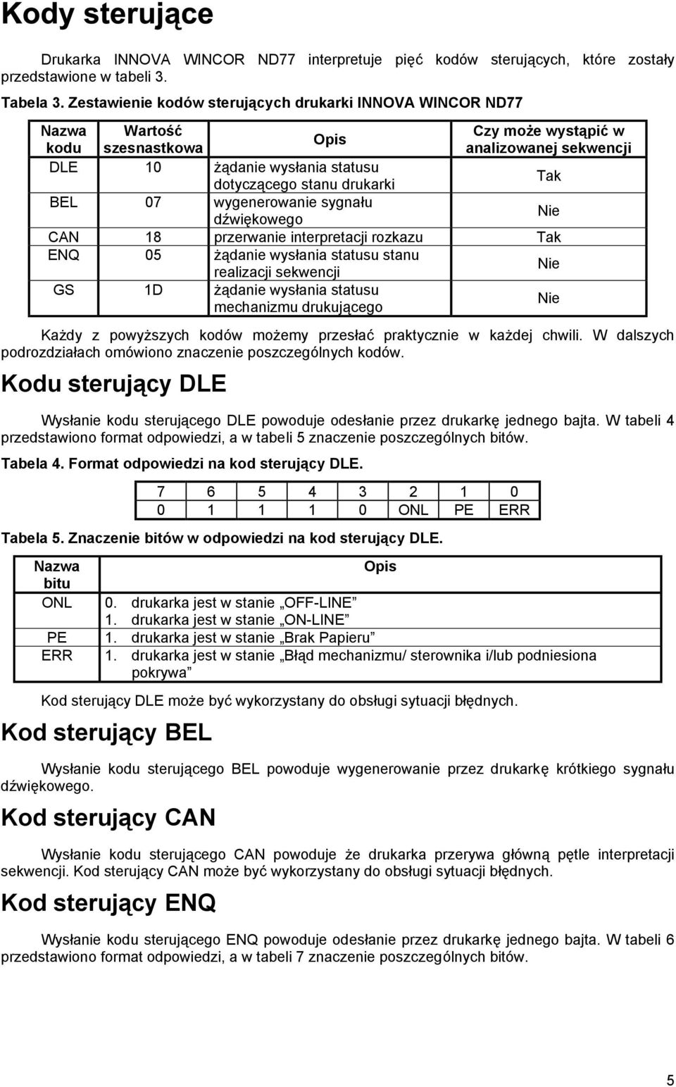 drukarki Tak BEL 07 wygenerowanie sygnału dźwię kowego Nie CAN 18 przerwanie interpretacji rozkazu Tak ENQ 05 żą danie wysłania statusu stanu realizacji sekwencji Nie GS 1D żą danie wysłania statusu
