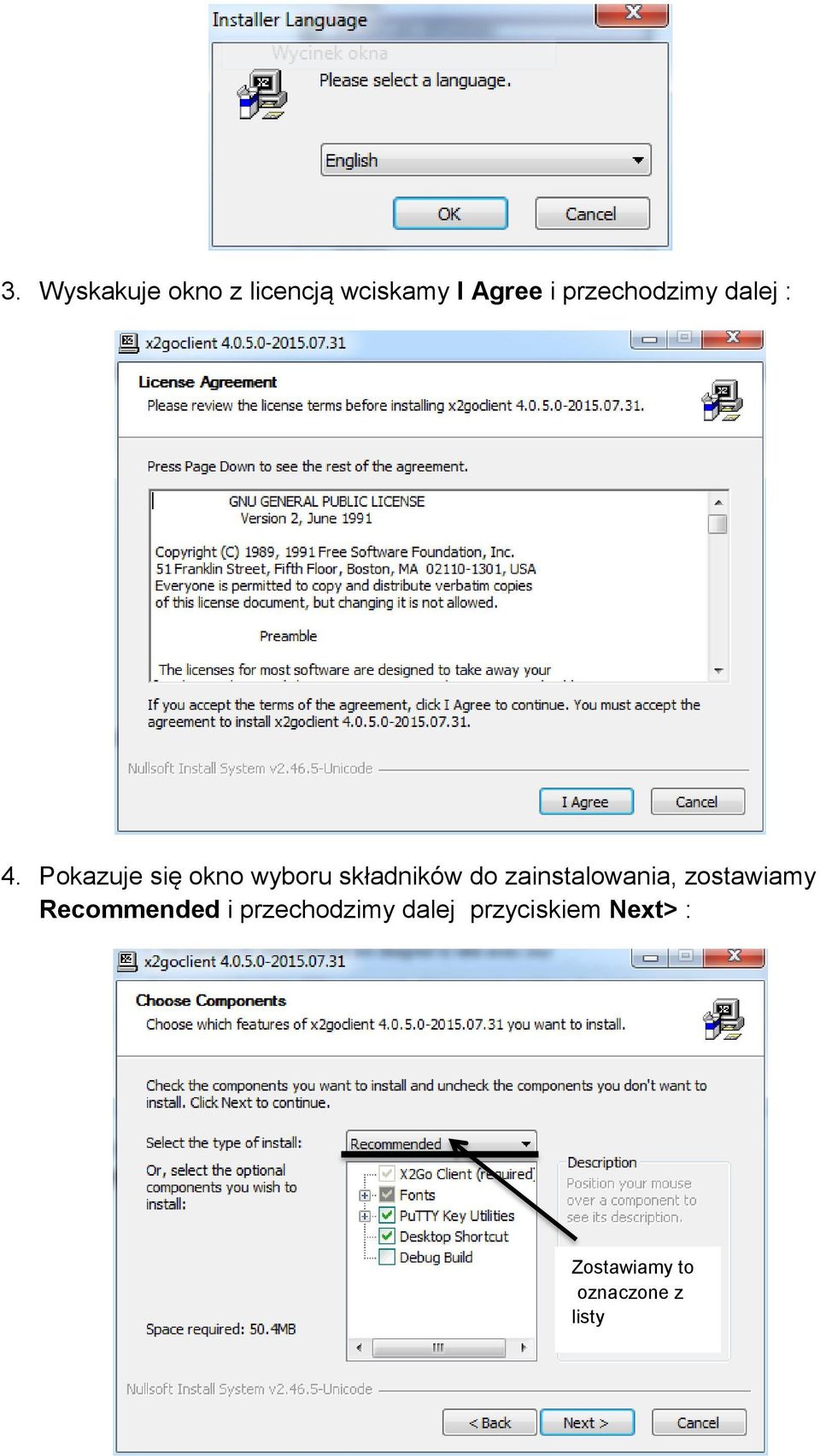 Pokazuje się okno wyboru składników do zainstalowania,