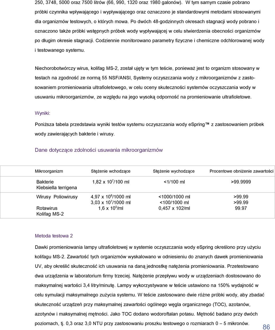 Po dwóch 48-godzinnych okresach stagnacji wody pobrano i oznaczono także próbki wstępnych próbek wody wypływającej w celu stwierdzenia obecności organizmów po długim okresie stagnacji.