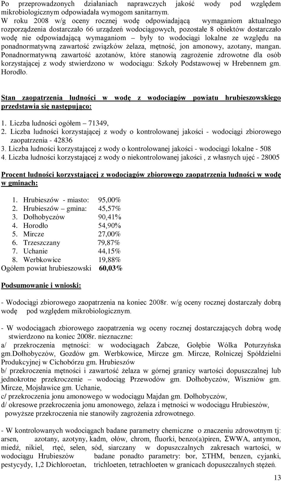 wodociągi lokalne ze względu na ponadnormatywną zawartość związków żelaza, mętność, jon amonowy, azotany, mangan.