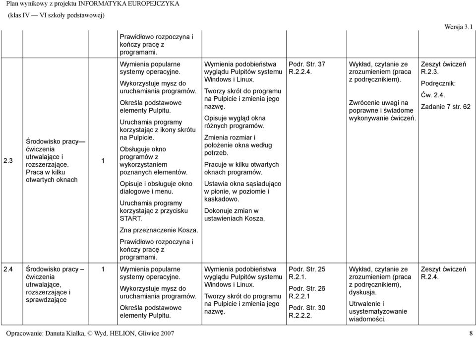 Opisuje i obsługuje okno dialogowe i menu. Uruchamia programy korzystając z przycisku START. Wymienia podobieństwa wyglądu Pulpitów systemu Windows i Linux.