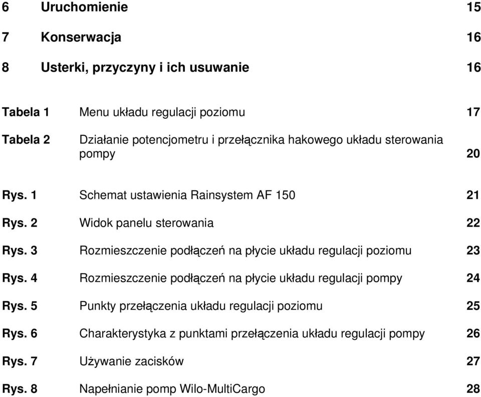 3 Rozmieszczenie podłączeń na płycie układu regulacji poziomu 23 Rys. 4 Rozmieszczenie podłączeń na płycie układu regulacji pompy 24 Rys.