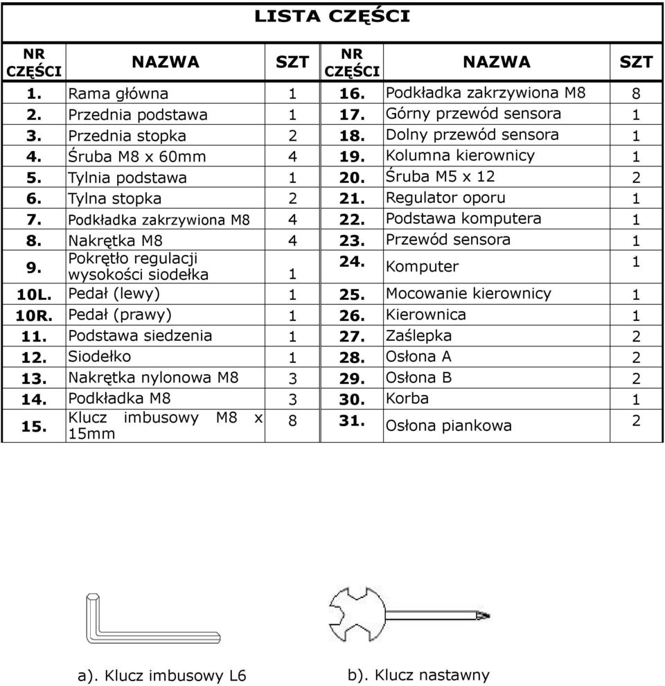 Podstawa komputera 1 8. Nakrętka M8 4 23. Przewód sensora 1 9. Pokrętło regulacji wysokości siodełka 1 24. Komputer 1 10L. Pedał (lewy) 1 25. Mocowanie kierownicy 1 10R. Pedał (prawy) 1 26.