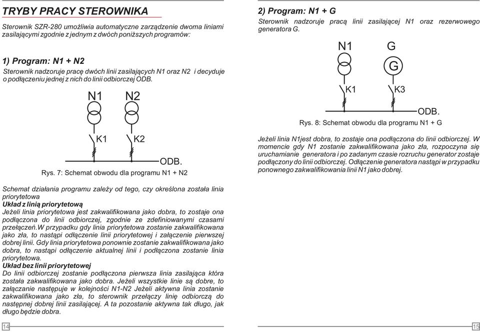 7: Schemat obwodu dla programu 1 + 2 2) Program: 1 + G Sterownik nadzoruje pracą linii zasilającej 1 oraz rezerwowego generatora G. 1 K1 G G K3 ODB. Rys.