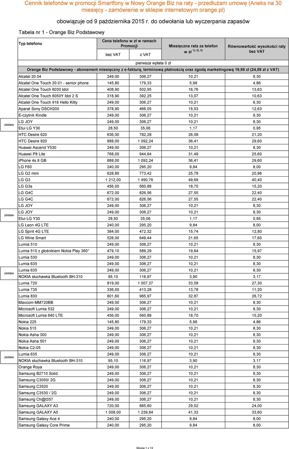 pierwsza wpłata 0 zł Orange Biz Podstawowy - abonament miesięczny z e-fakturą, terminową płatnością oraz zgodą marketingową 19,99 zł (24,59 zł z VAT) Alcatel 20.