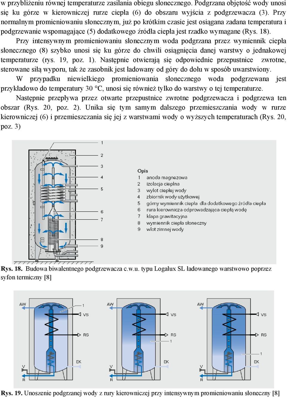 Przy intensywnym promieniowaniu słonecznym woda podgrzana przez wymiennik ciepła słonecznego (8) szybko unosi się ku górze do chwili osiągnięcia danej warstwy o jednakowej temperaturze (rys. 19, poz.