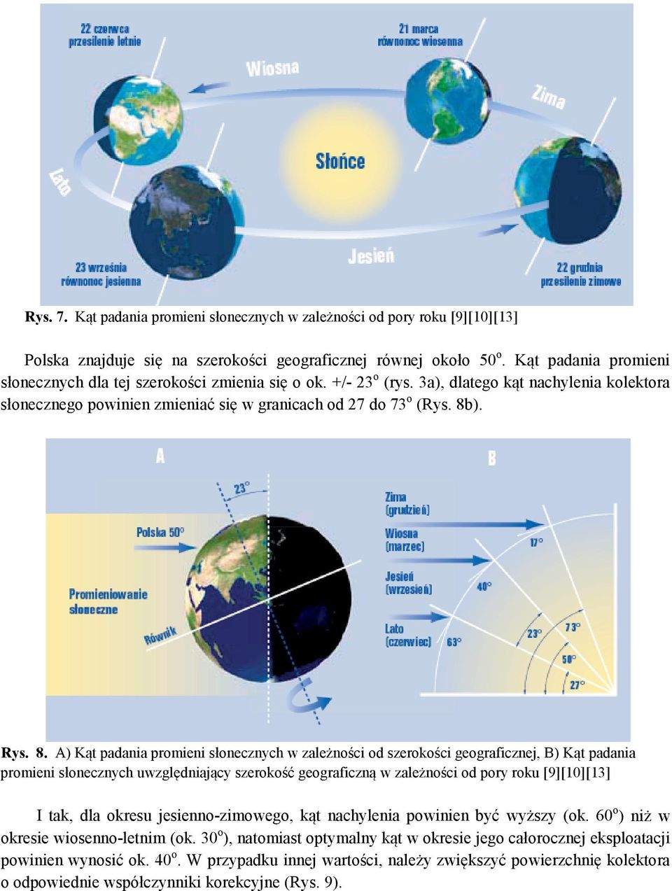 8. A) Kąt padania promieni słonecznych w zależności od szerokości geograficznej, B) Kąt padania promieni słonecznych uwzględniający szerokość geograficzną w zależności od pory roku [9][10][13] I tak,