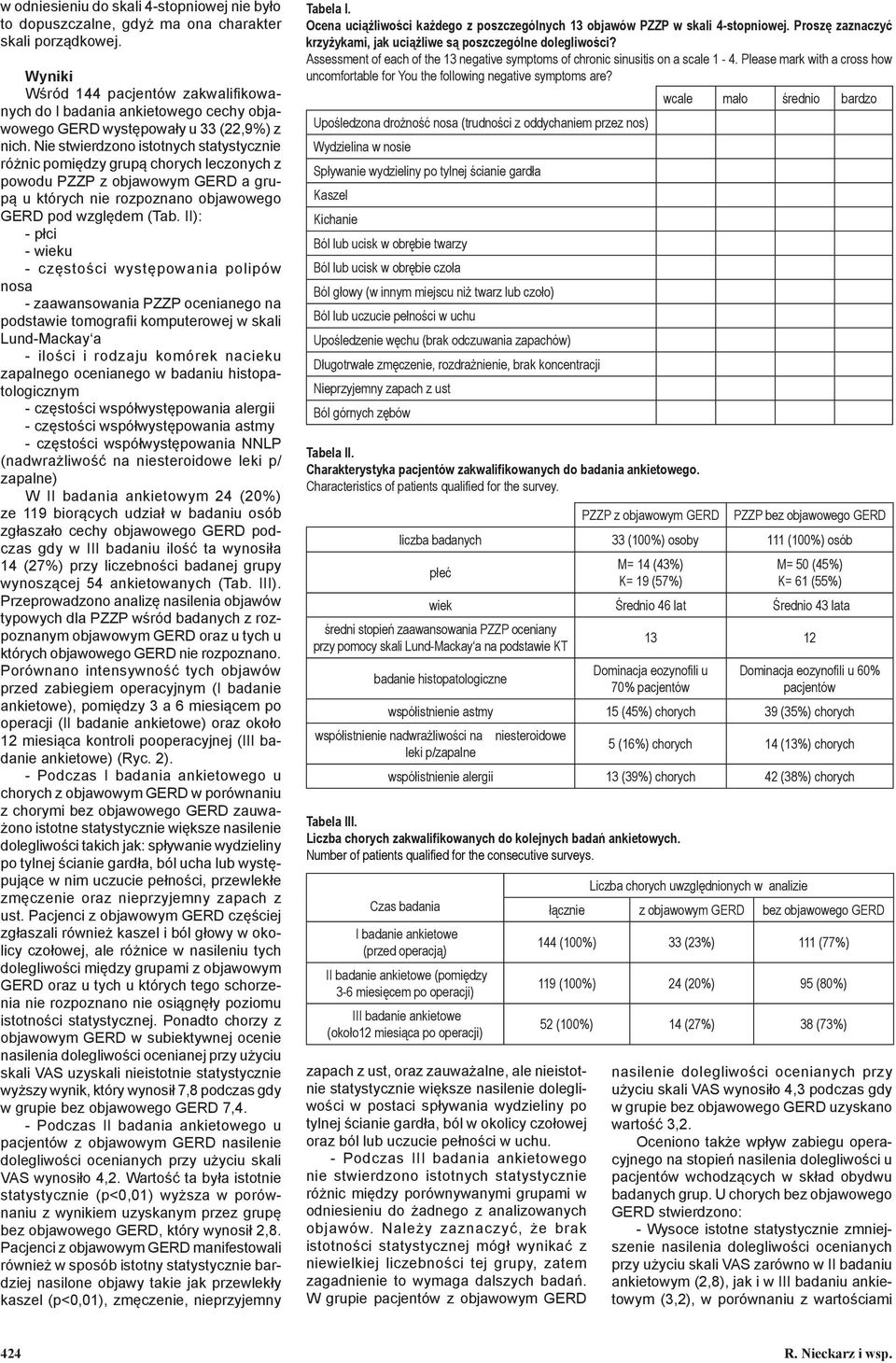 Nie stwierdzono istotnych statystycznie różnic pomiędzy grupą chorych leczonych z powodu PZZP z objawowym GERD a grupą u których nie rozpoznano objawowego GERD pod względem (Tab.