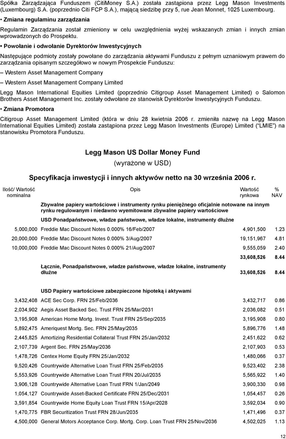 Powołanie i odwołanie Dyrektorów Inwestycyjnych Następujące podmioty zostały powołane do zarządzania aktywami Funduszu z pełnym uznaniowym prawem do zarządzania opisanym szczegółowo w nowym