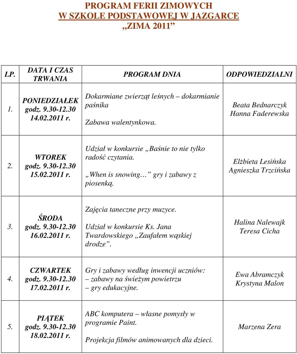 When is snowing gry i zabawy z piosenką. ElŜbieta Lesińska Agnieszka Trzcińska 3. ŚRODA godz. 9.30-12.30 16.02.2011 r. Zajęcia taneczne przy muzyce. Udział w konkursie Ks.