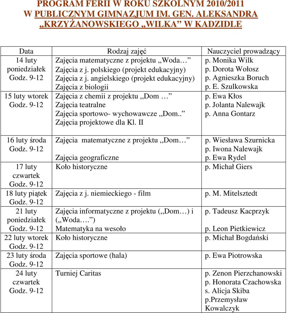 Szulkowska 14 luty poniedziałek 15 luty wtorek Zajęcia z chemii z projektu,,dom Zajęcia teatralne Zajęcia sportowo- wychowawcze,,dom.. Zajęcia projektowe dla Kl. II p. Ewa Kłos p. Jolanta Nalewajk p.