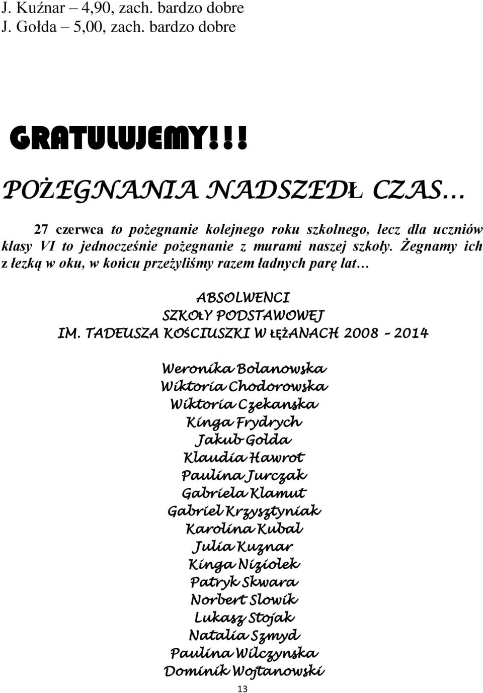 Żegnamy ich z łezką w oku, w końcu przeżyliśmy razem ładnych parę lat ABSOLWENCI SZKOŁY PODSTAWOWEJ IM.