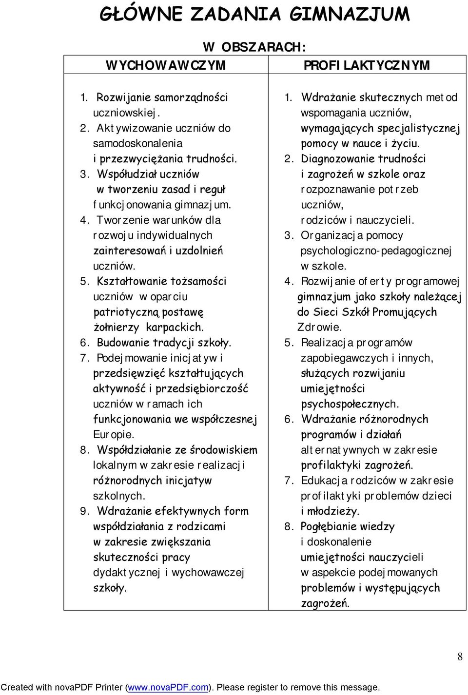 Kształtowanie tożsamości uczniów w oparciu patriotyczną postawę żołnierzy karpackich. 6. Budowanie tradycji szkoły. 7.