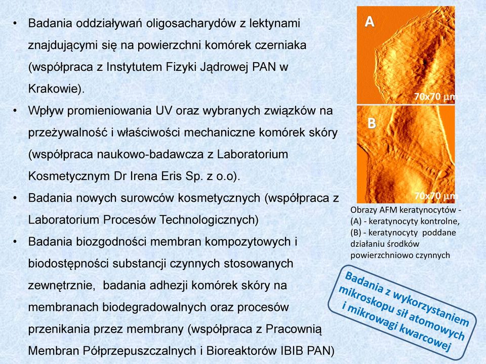 Badania nowych surowców kosmetycznych (współpraca z Laboratorium Procesów Technologicznych) Badania biozgodności membran kompozytowych i biodostępności substancji czynnych stosowanych zewnętrznie,