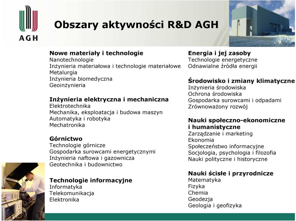 gazownicza Geotechnika i budownictwo Technologie informacyjne Informatyka Telekomunikacja Elektronika Energia i jej zasoby Technologie energetyczne Odnawialne źródła energii Środowisko i zmiany