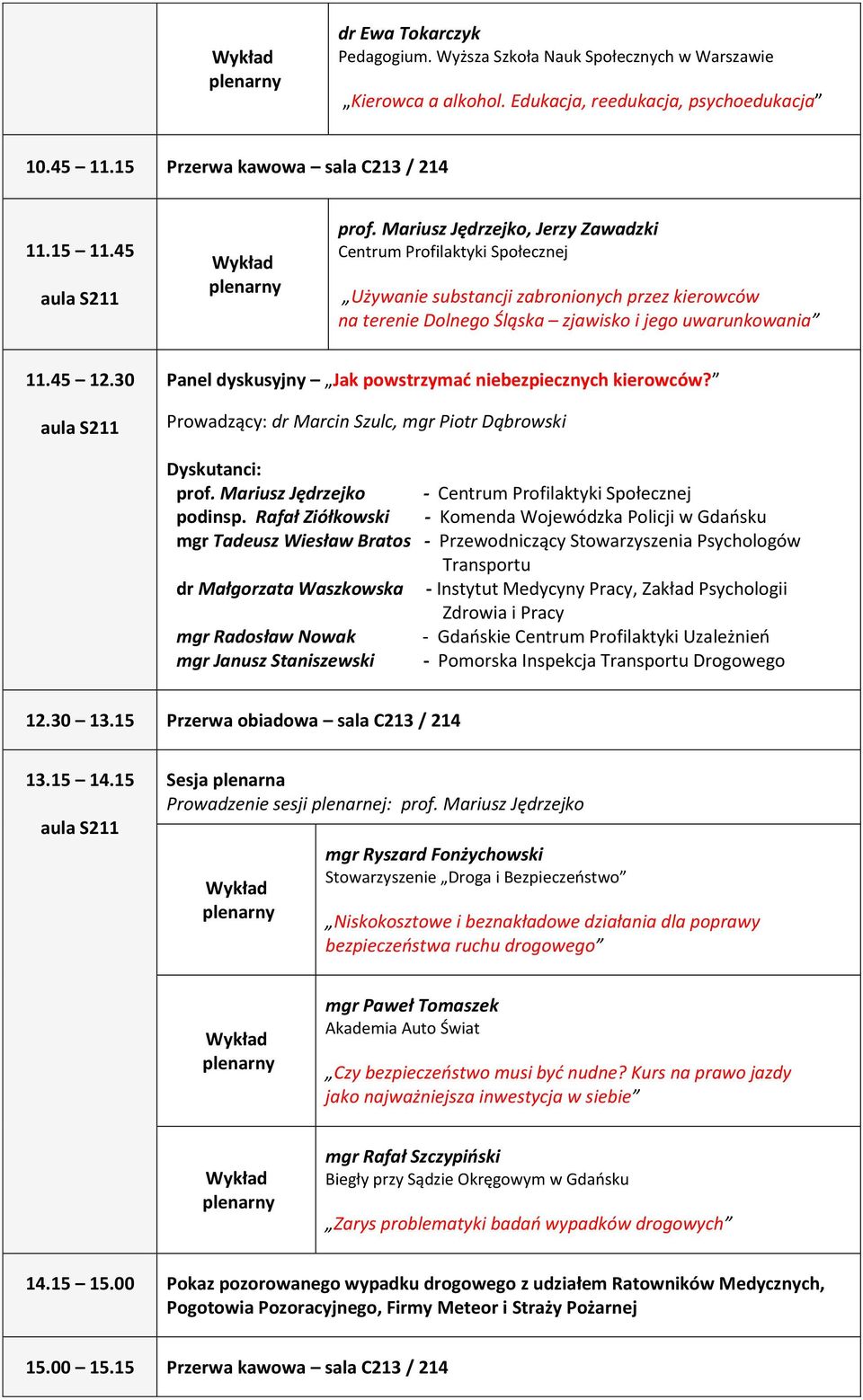 30 Panel dyskusyjny Jak powstrzymać niebezpiecznych kierowców? Prowadzący: dr Marcin Szulc, mgr Piotr Dąbrowski Dyskutanci: prof. Mariusz Jędrzejko - Centrum Profilaktyki Społecznej podinsp.